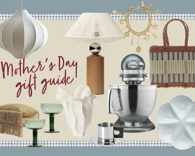 A collage of products, including lamps, woven bags, vases, cookware and glassware. The text on the image says 'Mother's Day gift guide' as these are all suggested gifts for mum.