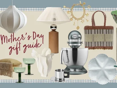 A collage of products, including lamps, woven bags, vases, cookware and glassware. The text on the image says 'Mother's Day gift guide' as these are all suggested gifts for mum.