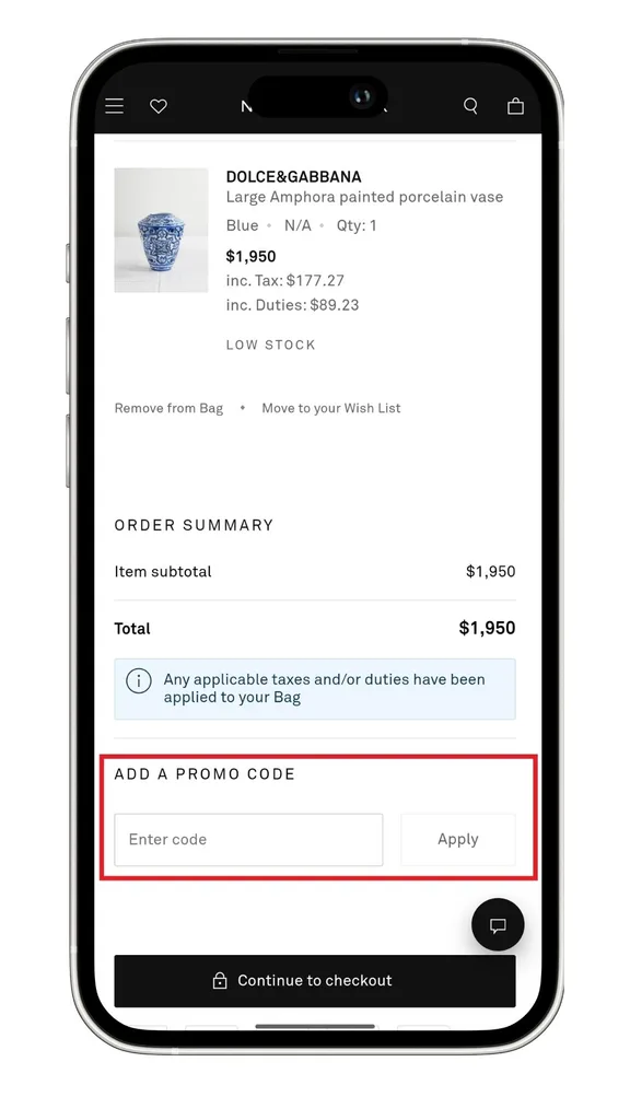 The NET-A-PORTER discount code field at checkout on mobile