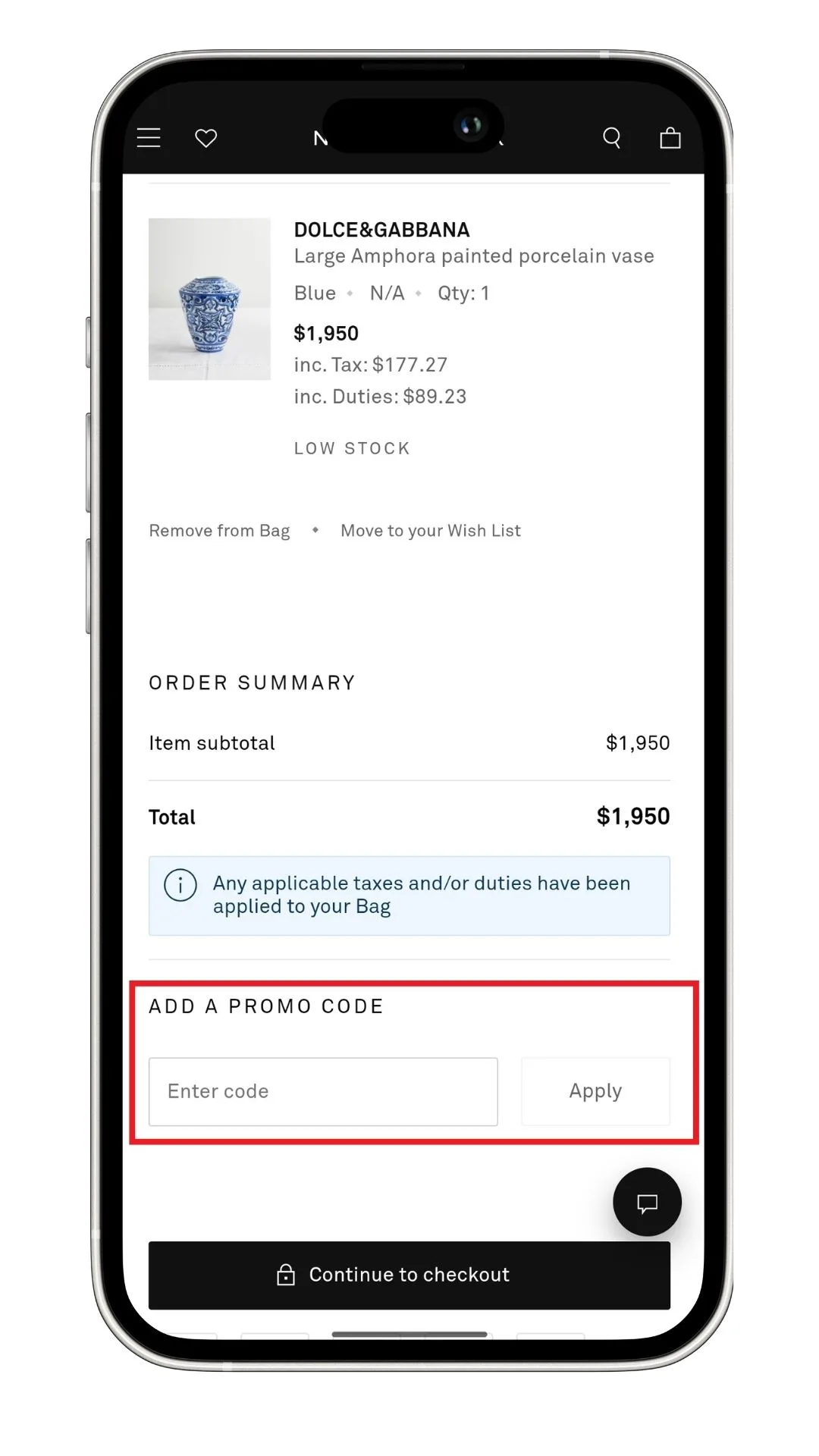The NET-A-PORTER discount code field at checkout on mobile