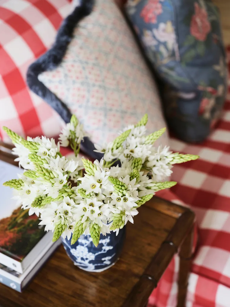 Vase with white flowers on wood table, red-checkered sofa, and floral pillows in background.