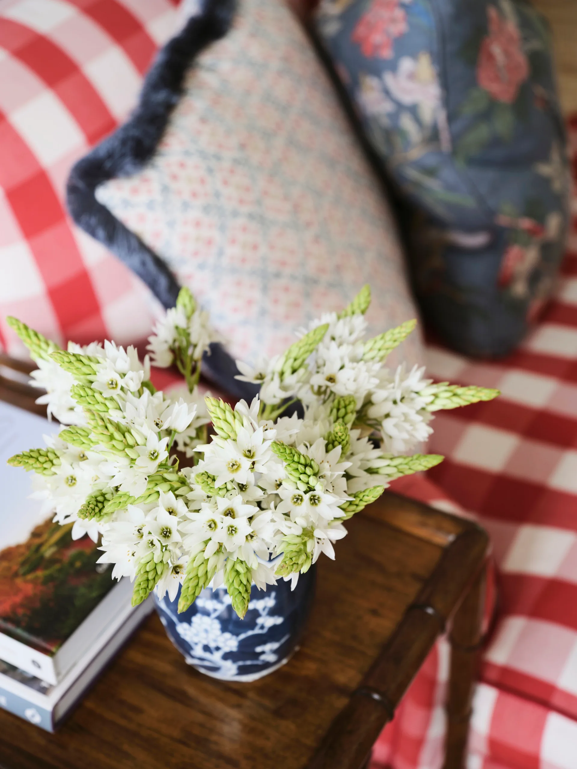 Vase with white flowers on wood table, red-checkered sofa, and floral pillows in background.