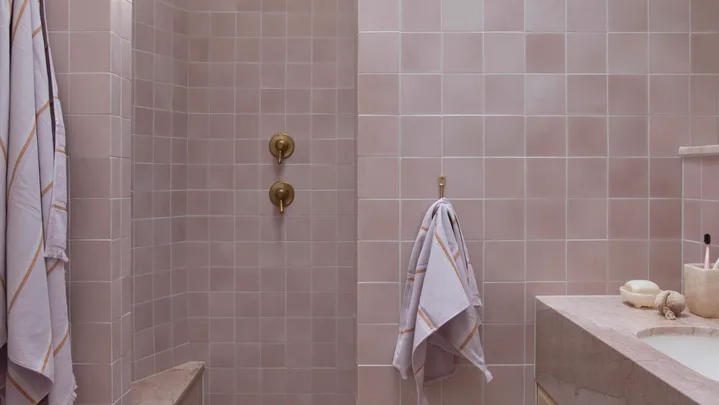 Pink tiled bathroom with terrazzo floor, wooden vanity, gold fixtures, and hanging plant. Two towels are on hooks.