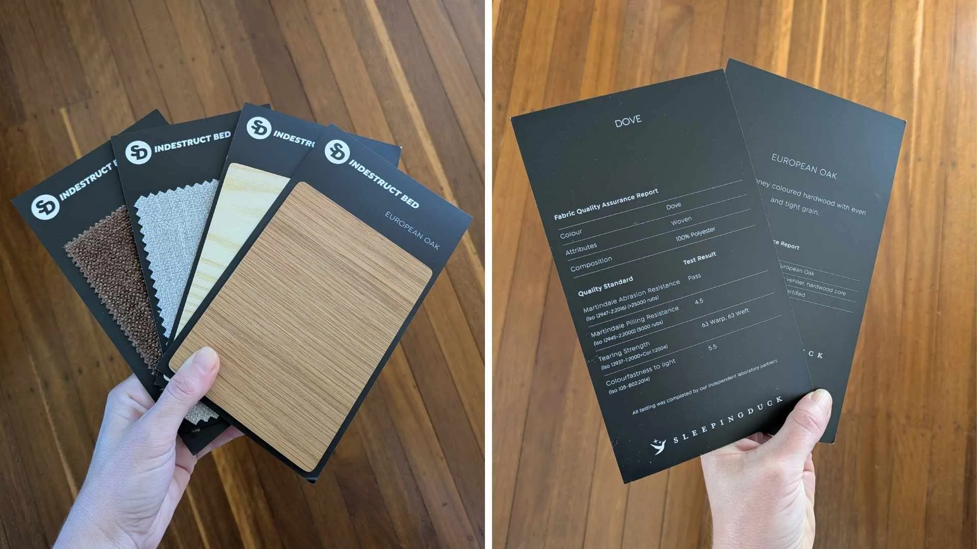 Sleeping Duck discount code guide: a selection of Indestruct Bed swatches Deals Editor Amy Bradney-George ordered for free.