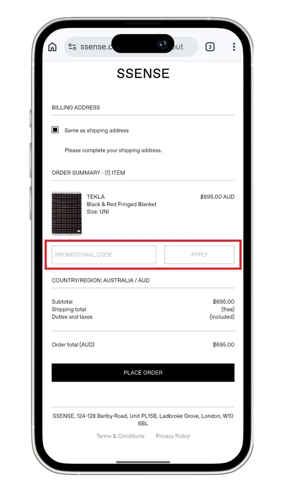 SSENSE discount code field at checkout on a mobile device