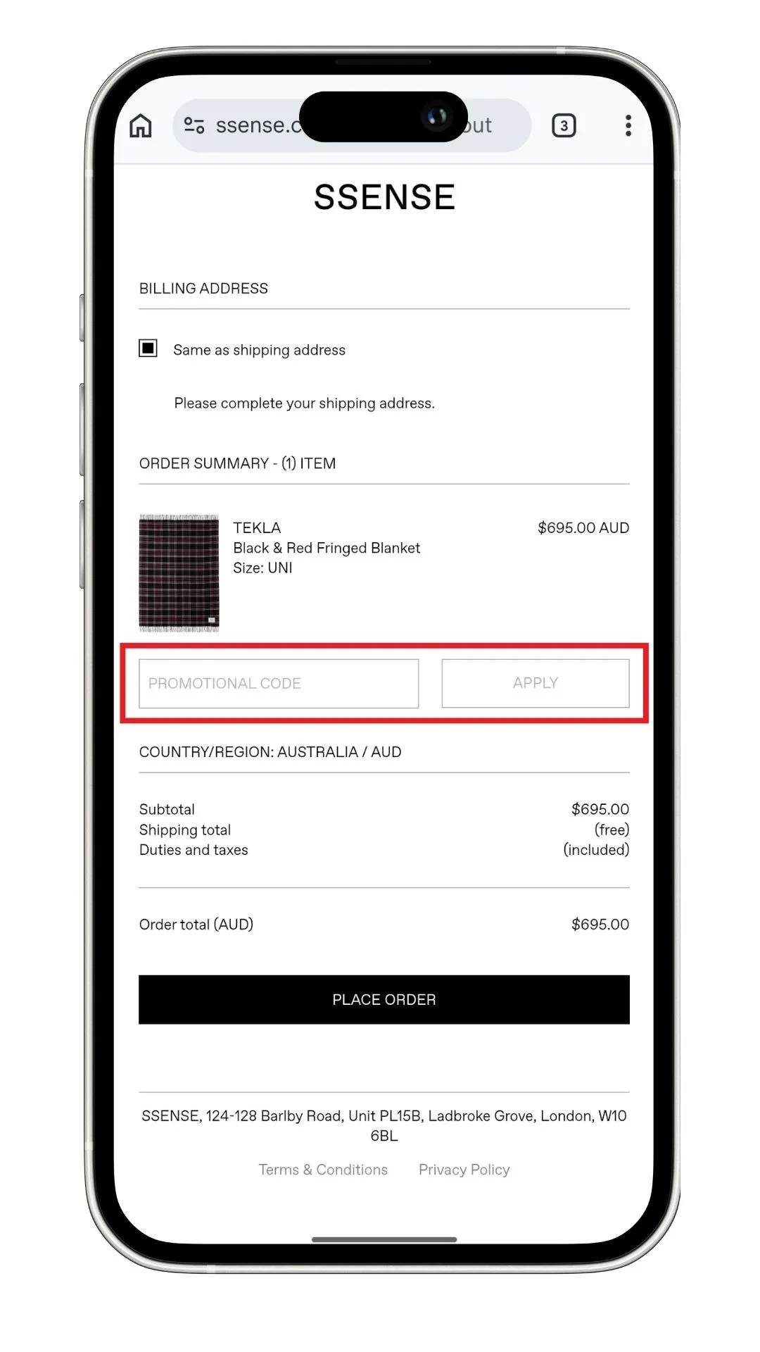 SSENSE discount code field at checkout on a mobile device