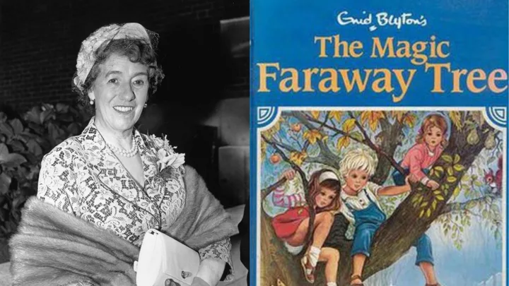 Enid Blyton next to The Magic Faraway Tree book