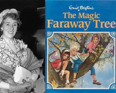 Enid Blyton next to The Magic Faraway Tree book
