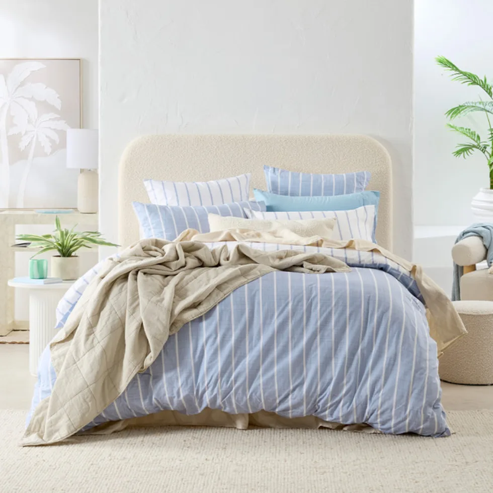 Adria Reversible Blue Stripe Quilt Cover Set + Pillow Talk EOFY sales + Striped Bedding Trend