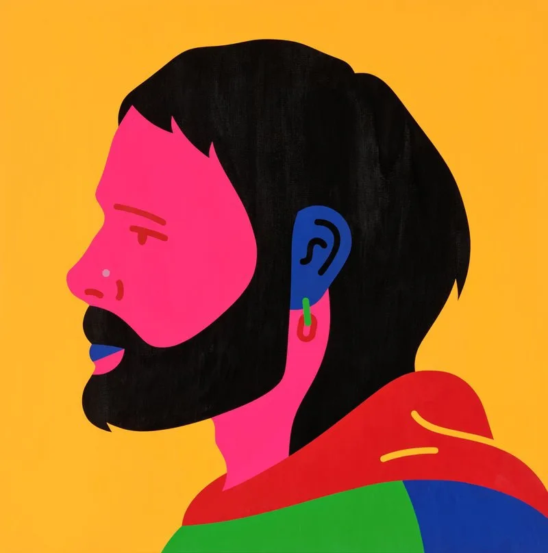 Synthetic polymer paint on canvas. A brightly coloured side profile portrait of Former West Coast Eagles player Mitch Brown, the first professional male AFL player to come out as bisexual.