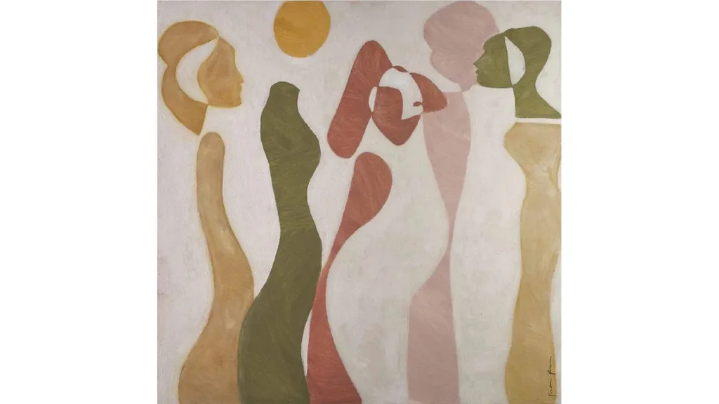 An abstract artwork of four figures, comprised of lines and circles.