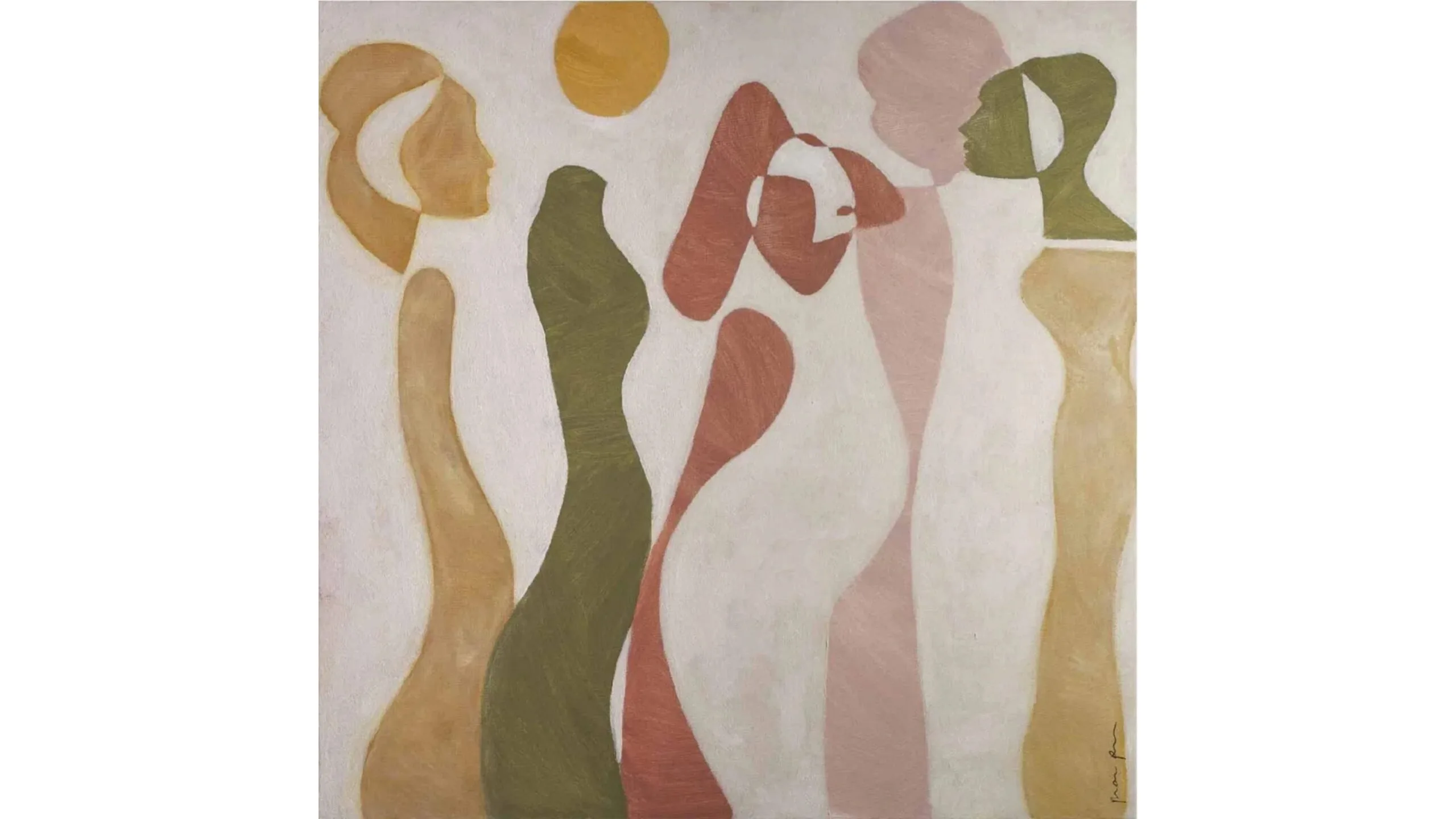 An abstract artwork of four figures, comprised of lines and circles.