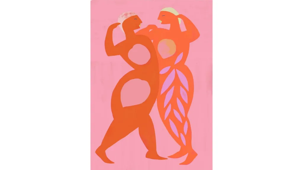 A vaguely cubist artwork of two people comprised of shapes with pink and orange colours.
