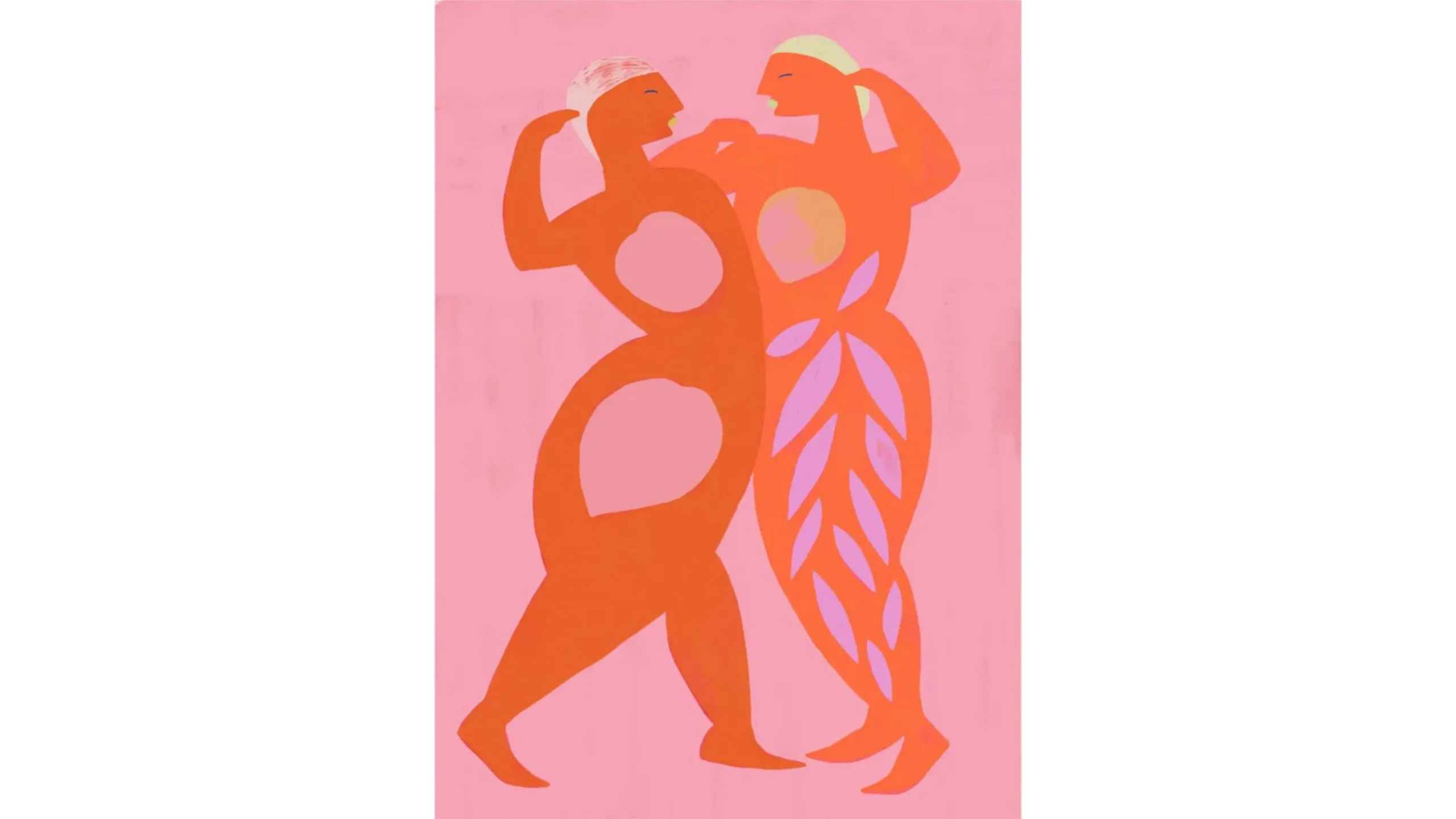 A vaguely cubist artwork of two people comprised of shapes with pink and orange colours.