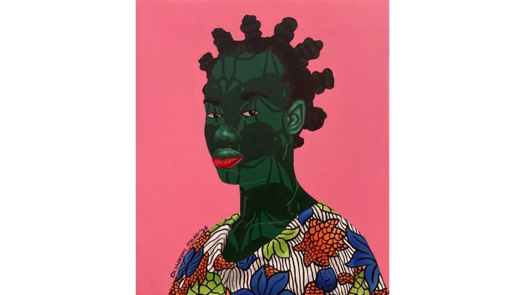 A portrait of a woman in a heavily patterned dress in front of a pink background.