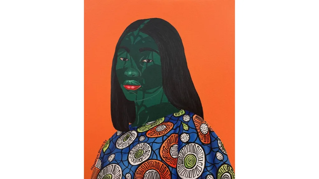 A portrait of a woman in a heavily patterned dress in front of an orange background.