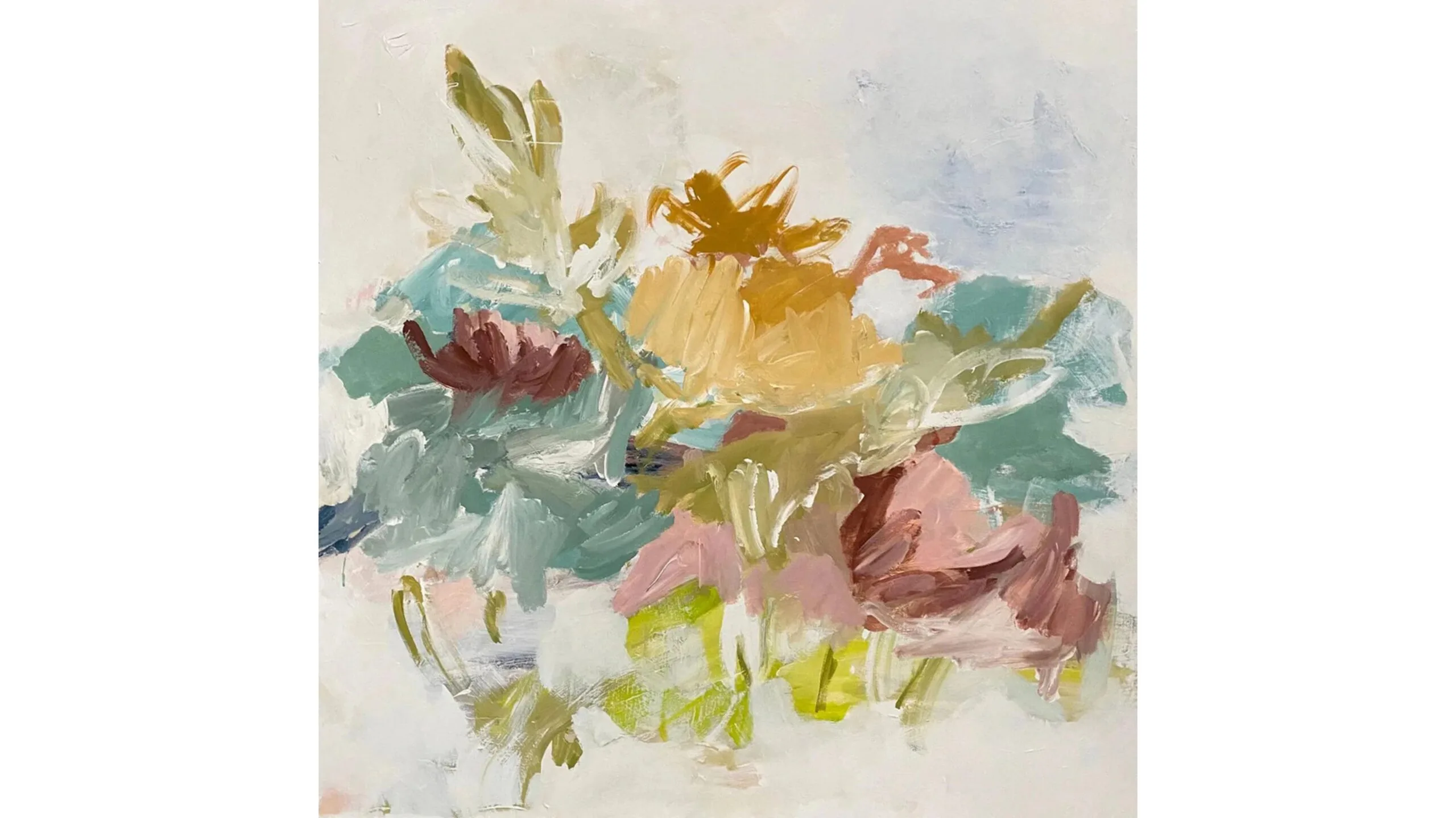 An abstract artwork with visible brushstrokes using colours such as blue, red, pink, green and light brown.