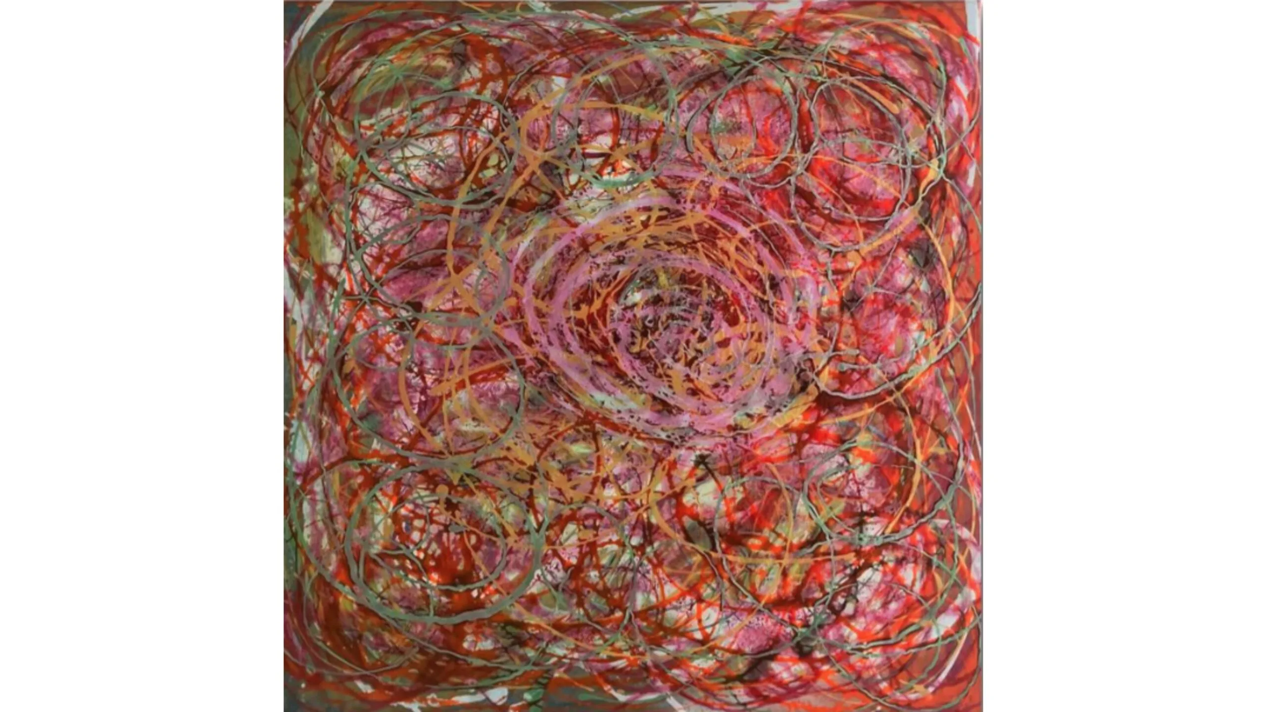 An abstract painting featuring visible brushstrokes with colours pink, red, green, yellow.
