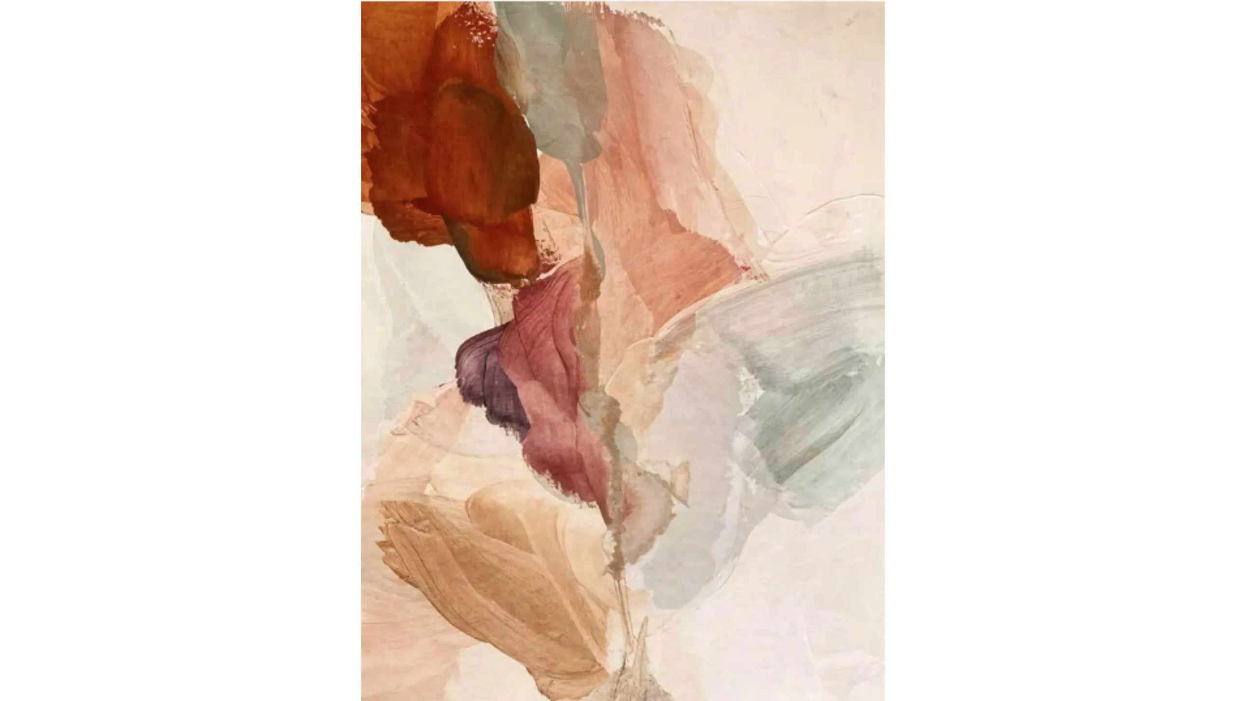 An abstract artwork with visible brushstrokes using colours such as grey, red, pink and light brown.