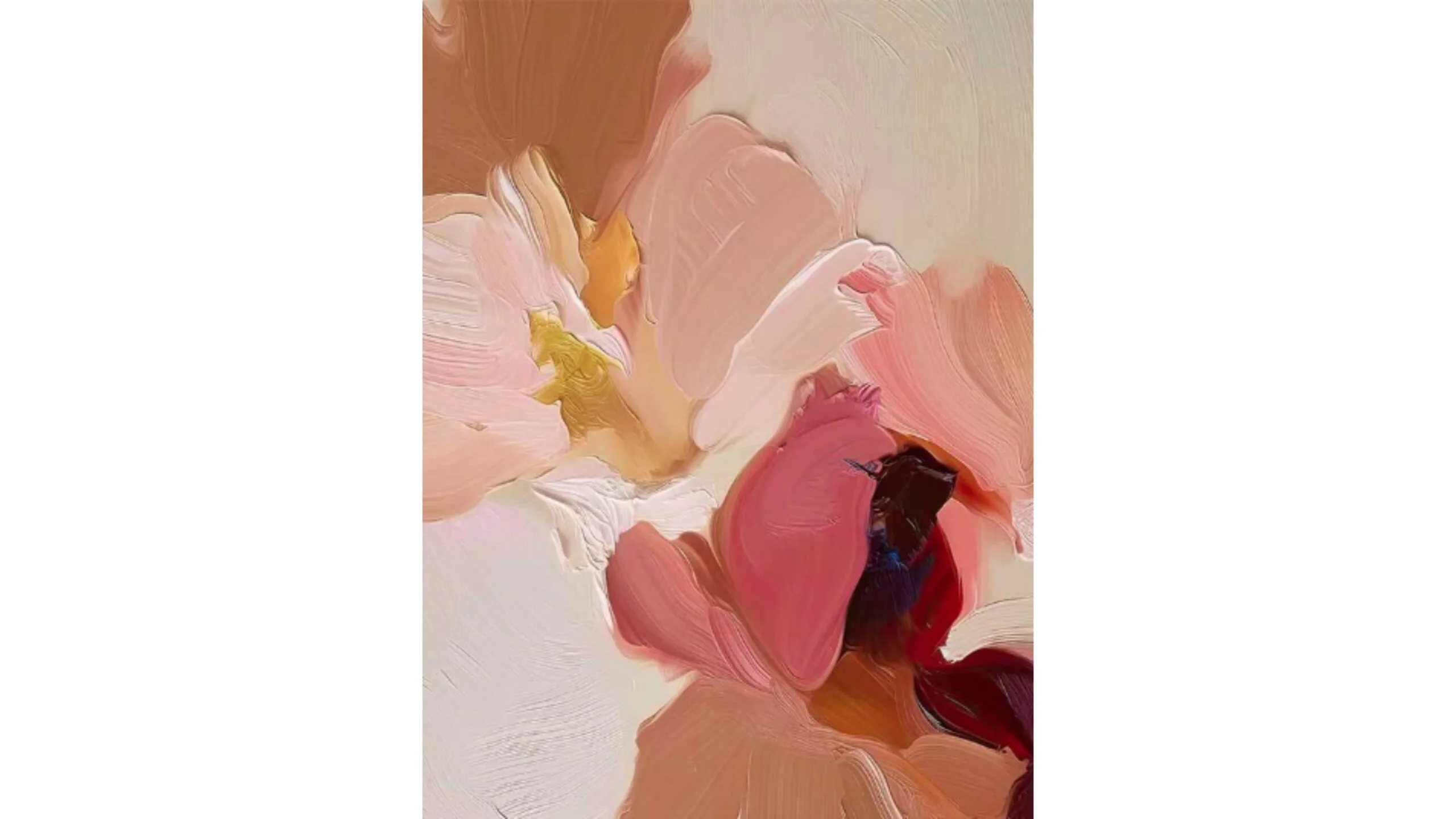 An abstract artwork with visible brushstrokes using colours such as red, pink, cream and light brown.