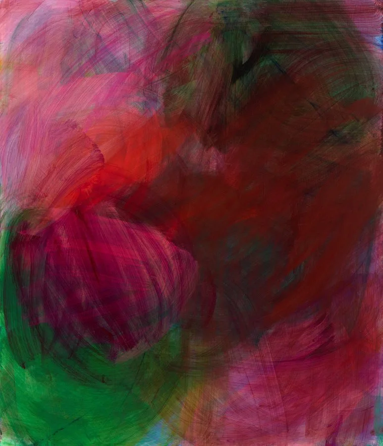 An abstract painting with visible brushstrokes, using pinks, reds, purples, blues and greens. It is synthetic polymer paint on linen.