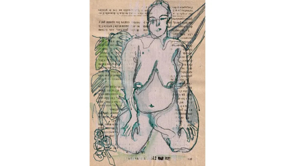 A nude portrait of a woman, drawn on to an aged brown page torn from a book.