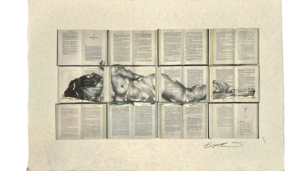 A nude female figure drawn on to 12 open books. The books are in a 3 x 4 grid, all open in the middle, with the figure drawn across the pages.