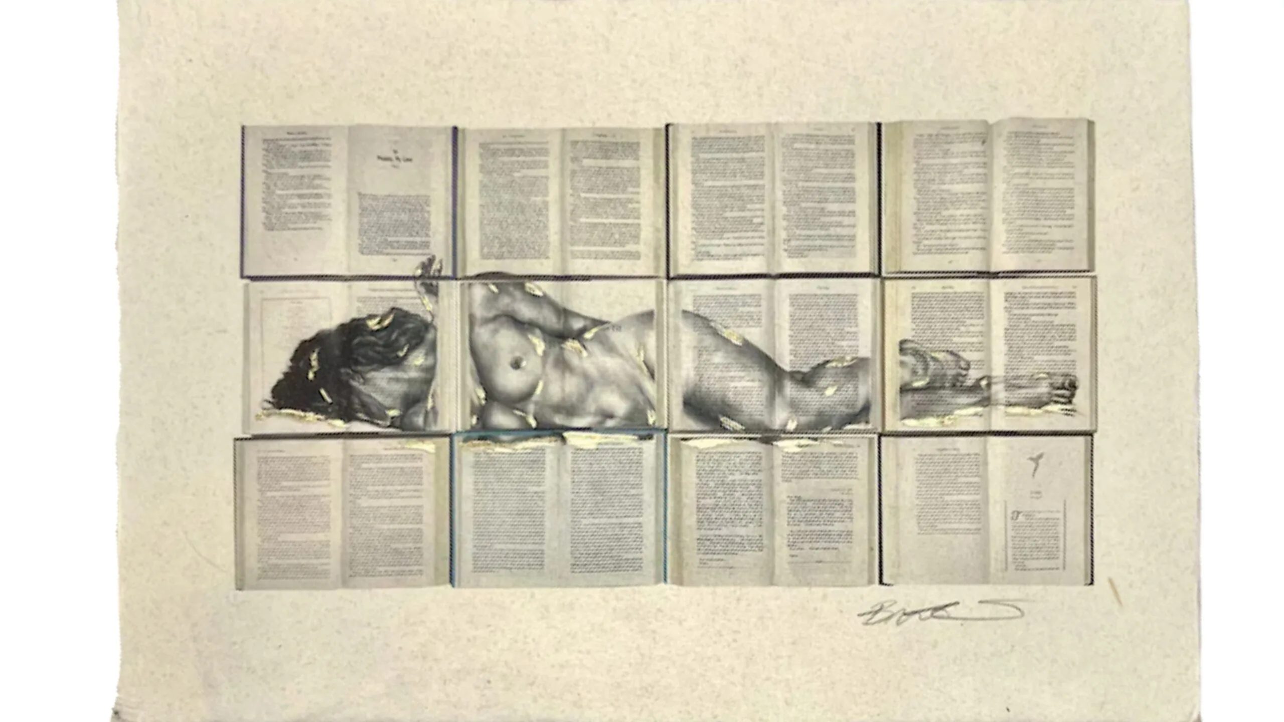 A nude female figure drawn on to 12 open books. The books are in a 3 x 4 grid, all open in the middle, with the figure drawn across the pages.