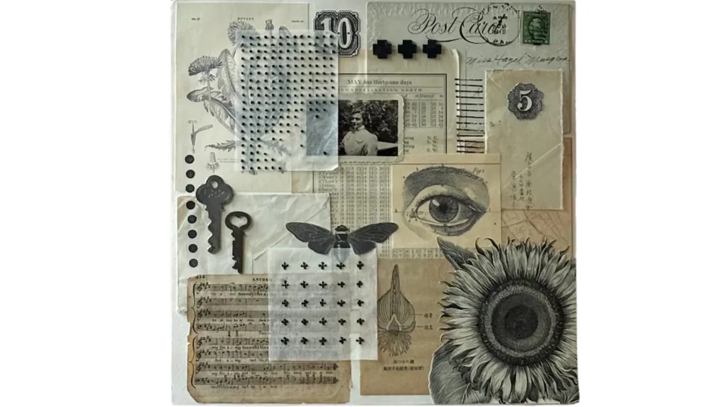 A paper collage featuring sheet music, botanical prints, an eye drawing, a drawing of a sunflower.
