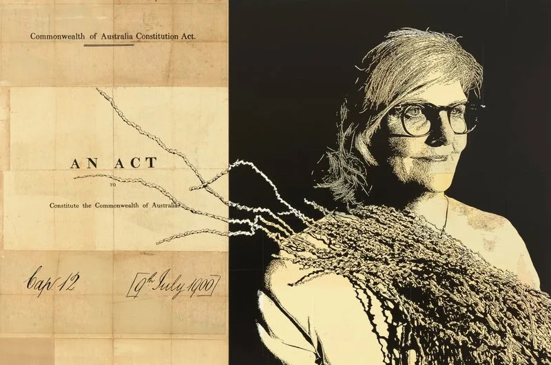 Synthetic polymer paint and paper on plywood. Half the artwork is the aged, brown, front cover of the Australian Constitution and the other half is a black and light brown portrait of the Governor-General of Australia, a woman wearing glasses.
