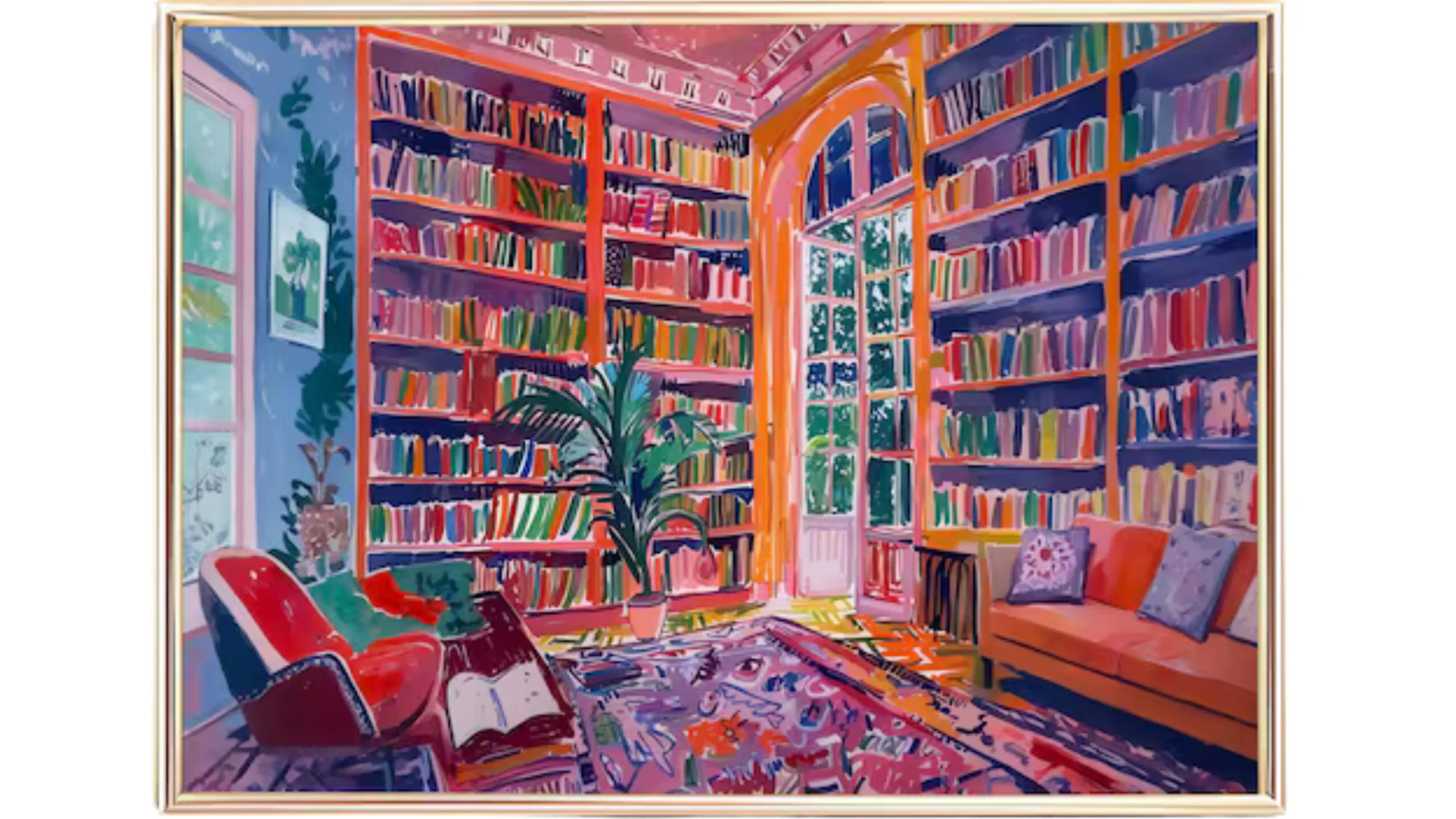A painting of an interior library with an arched French doors, bookshelves reaching from floor to ceilings and lots of oranges, purples, pinks, blues and greens.