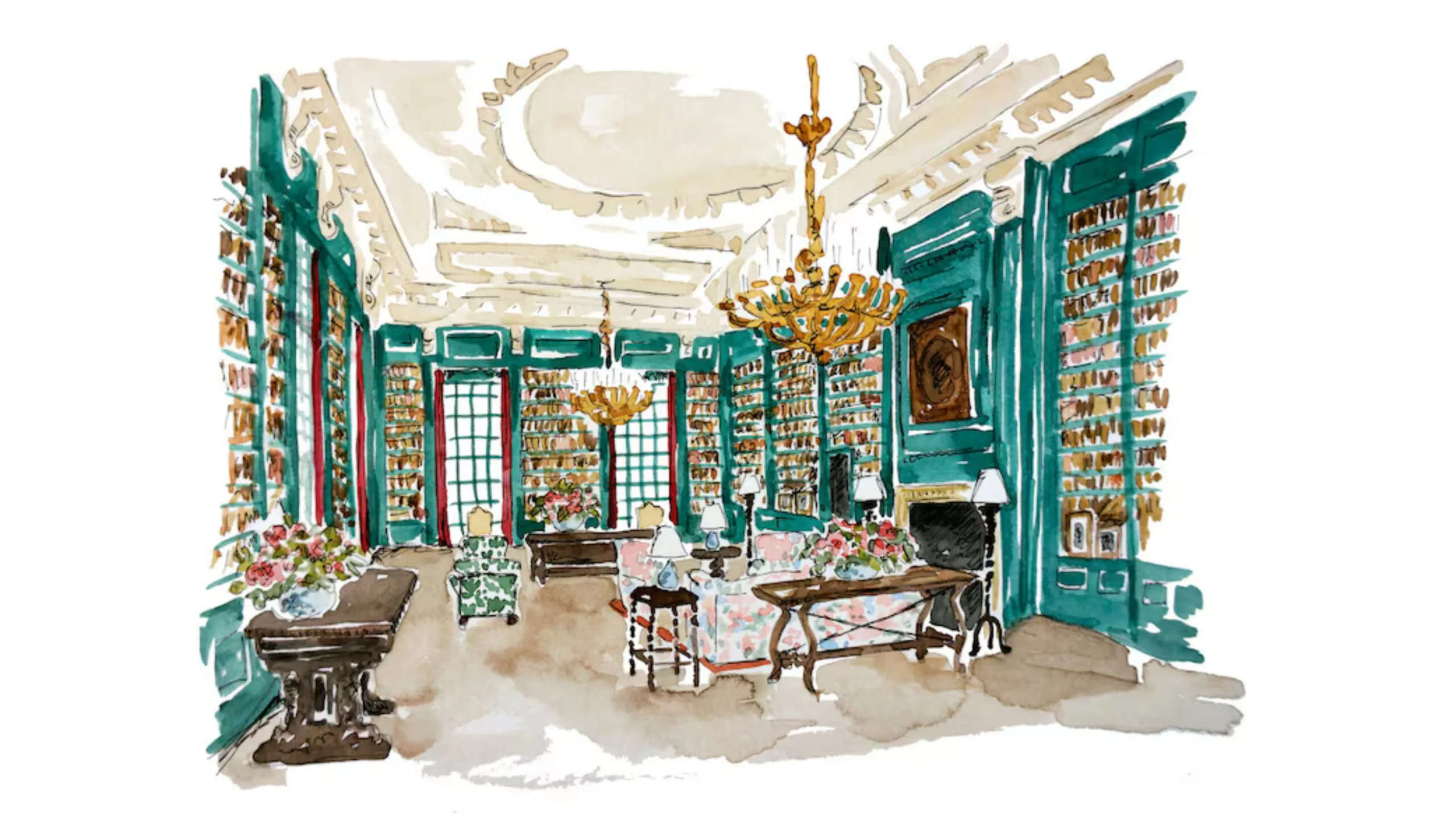A watercolour painting of an interior with grand chandeliers and bookshelves covering the bright blue walls.