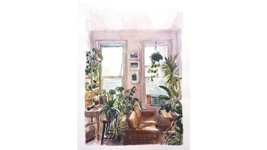 A watercolour painting of an interior with lots of plants, a brown couch and two large windows.