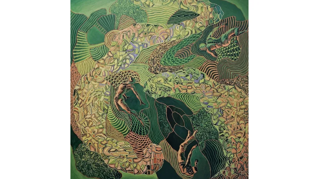 An abstract landscape of blues amd greens with lots of patterns.