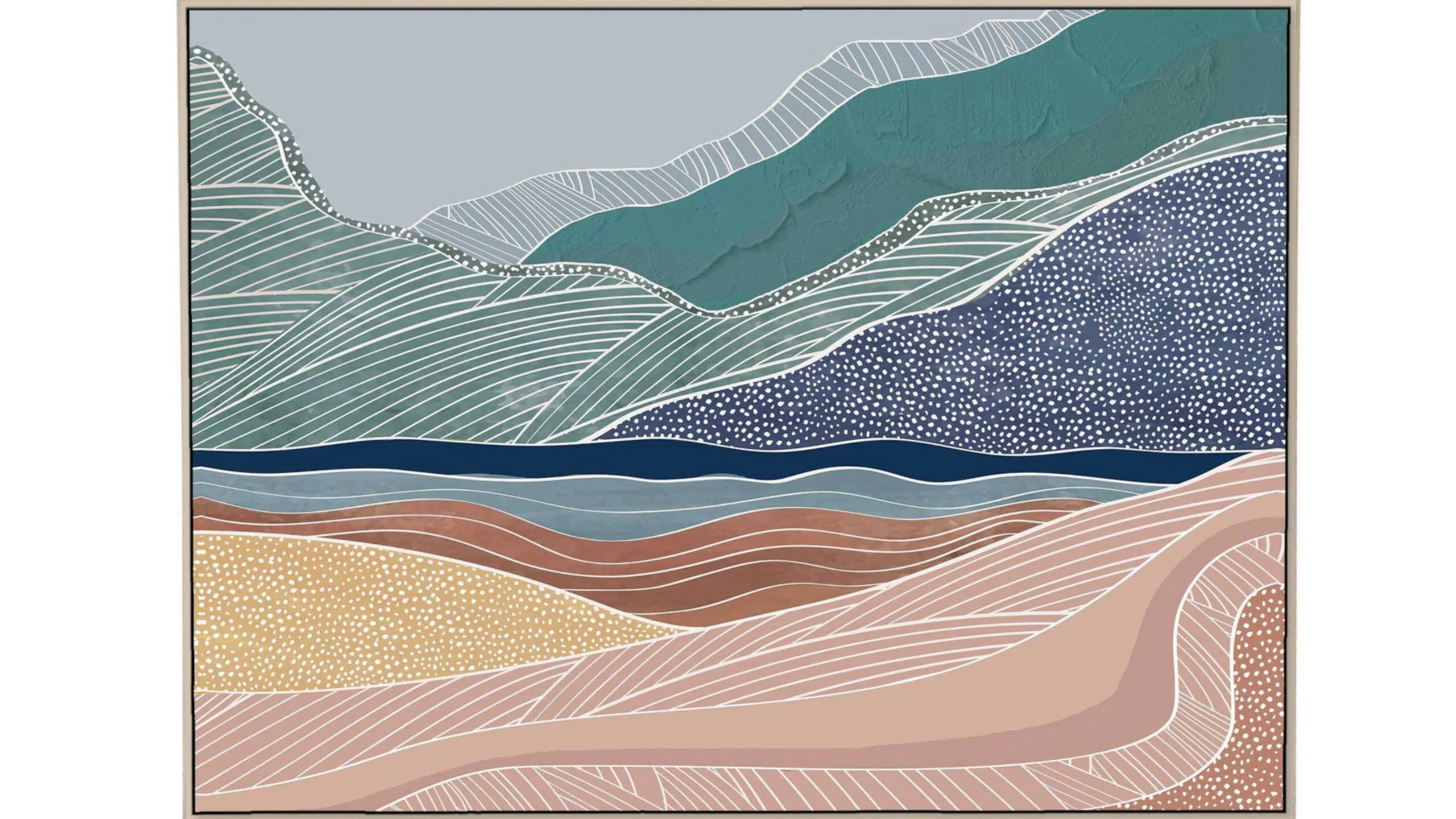 An abstract landscape of rolling hills featuring blues, greens, pinks, browns plus striped and spotty patterns.