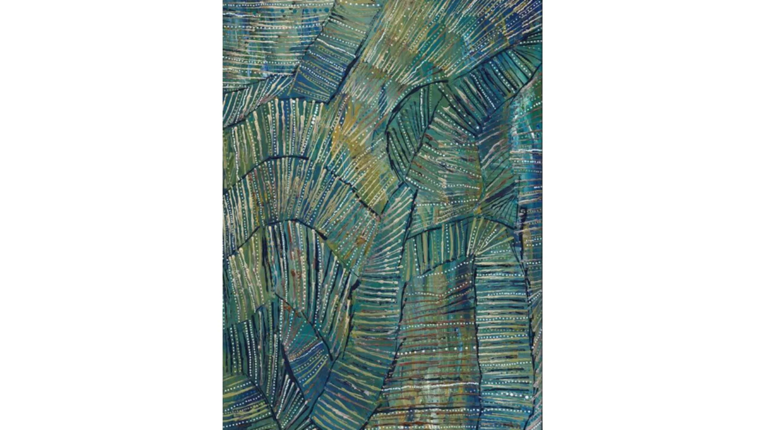 An Indigenous style painting with blues, greens and yellows.