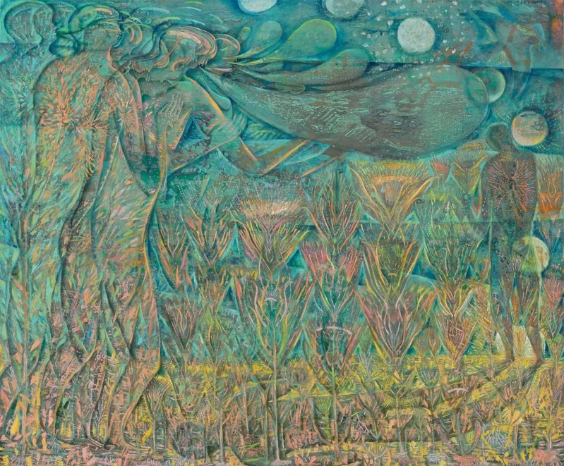 An oil and synthetic polymer paint on canvas. It's an abstract portrait that depicts a harvest scene but with the use of blues and greens it almost looks like an underwater scene.