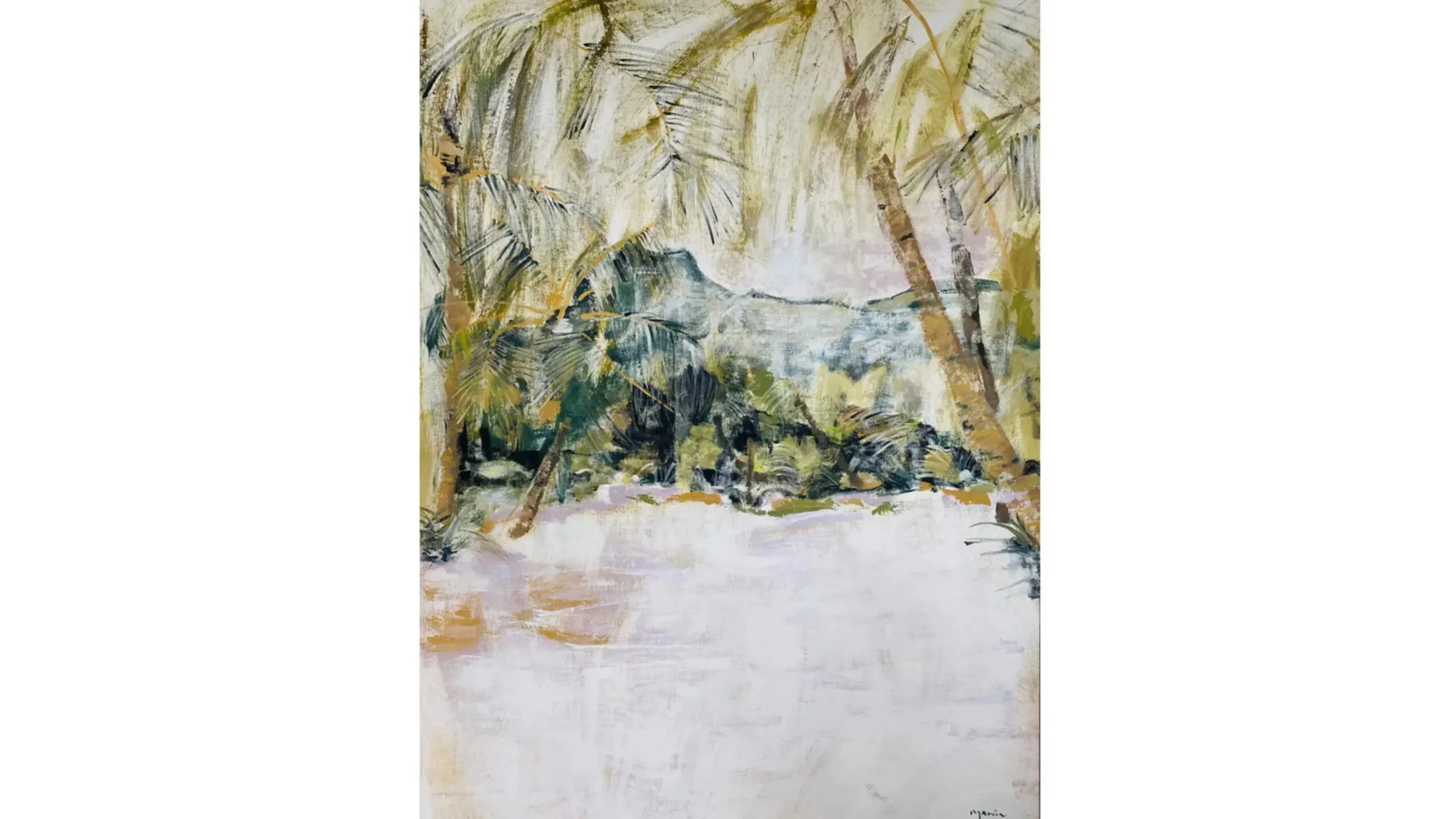 An abstract landscape painting with greens, yellows, blues and browns.