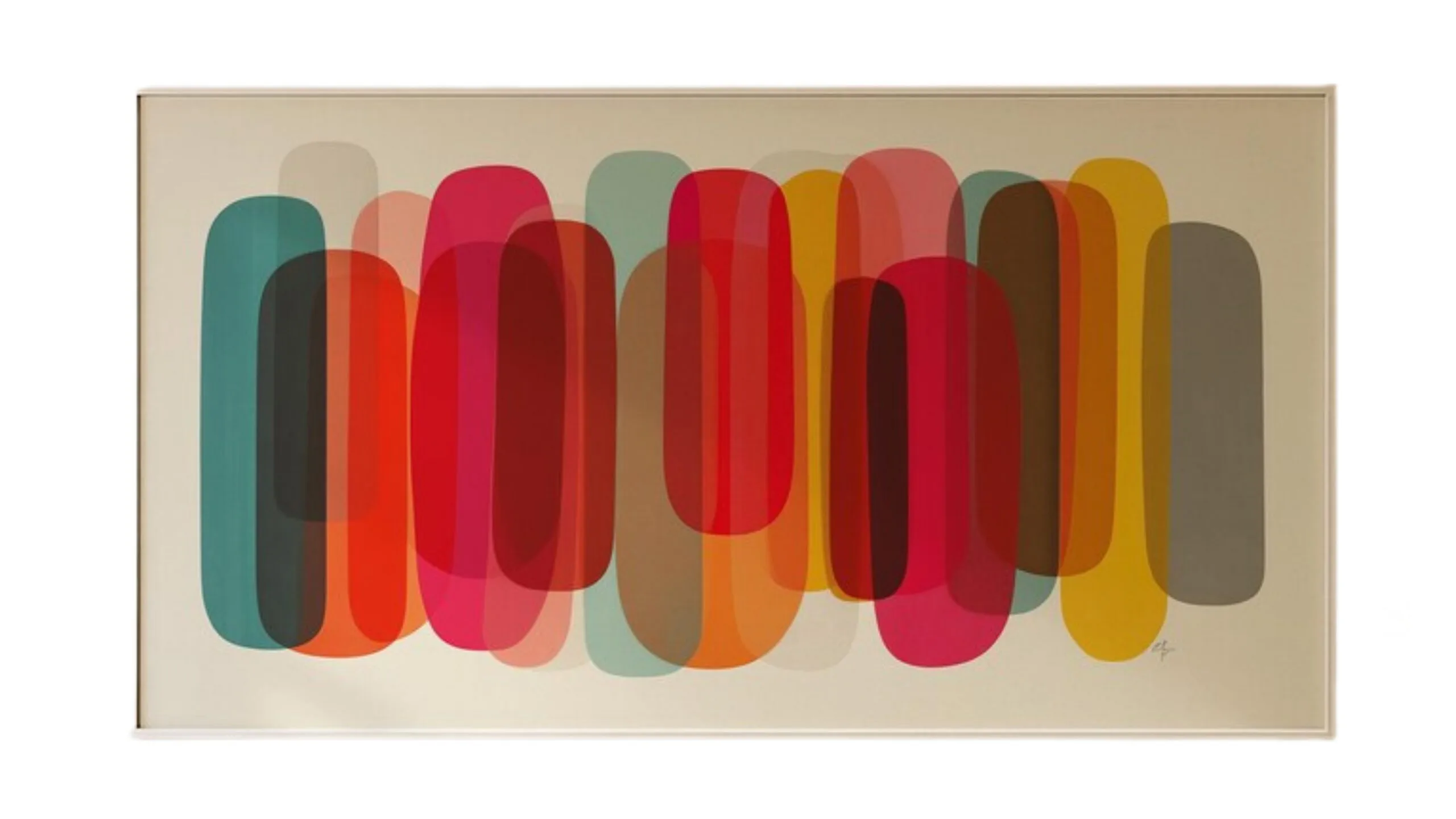 An abstract painting of shapes and colours.