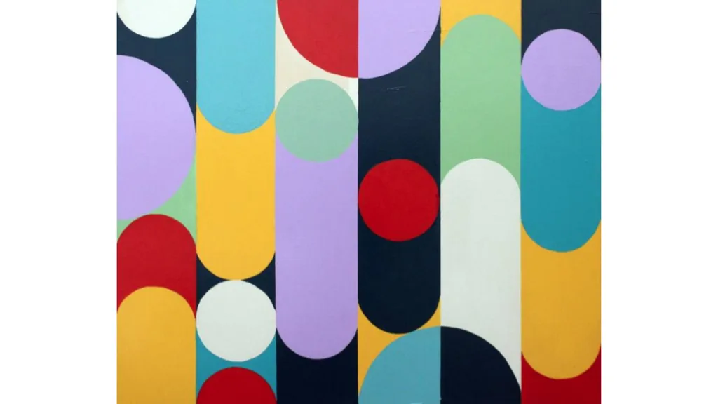 An abstract painting of shapes and colours.