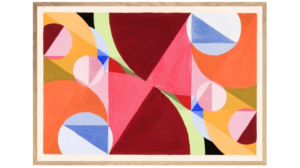 An abstract painting of shapes and colours.