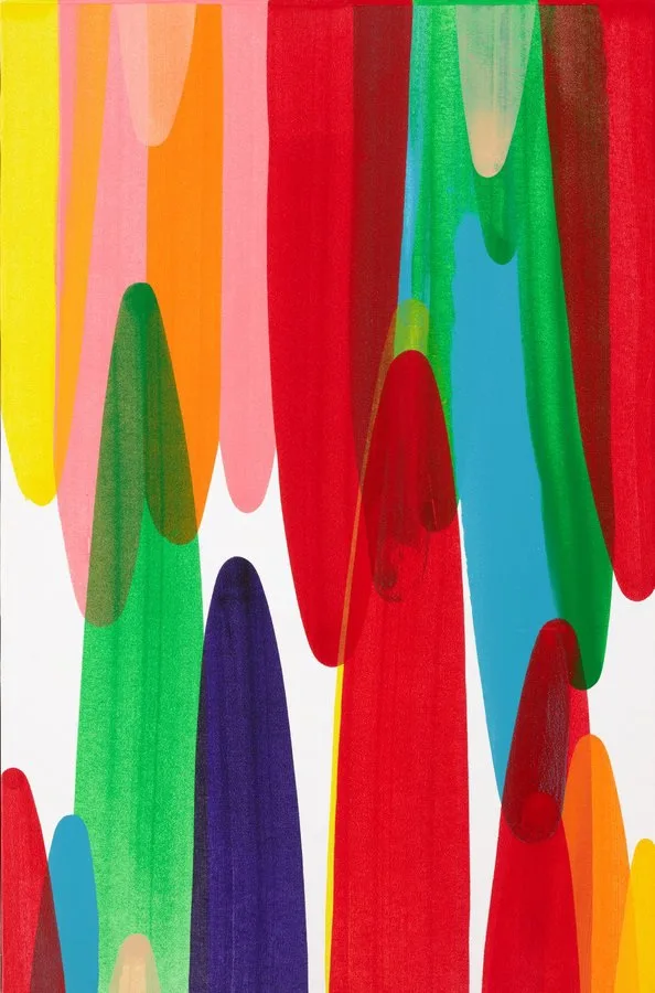 Synthetic polymer paint on board. Bright colours stretch across the rectangular board, in rough oval shapes, meeting in the middle. The background is white and the shapes are green, pink, red, blue and orange.
