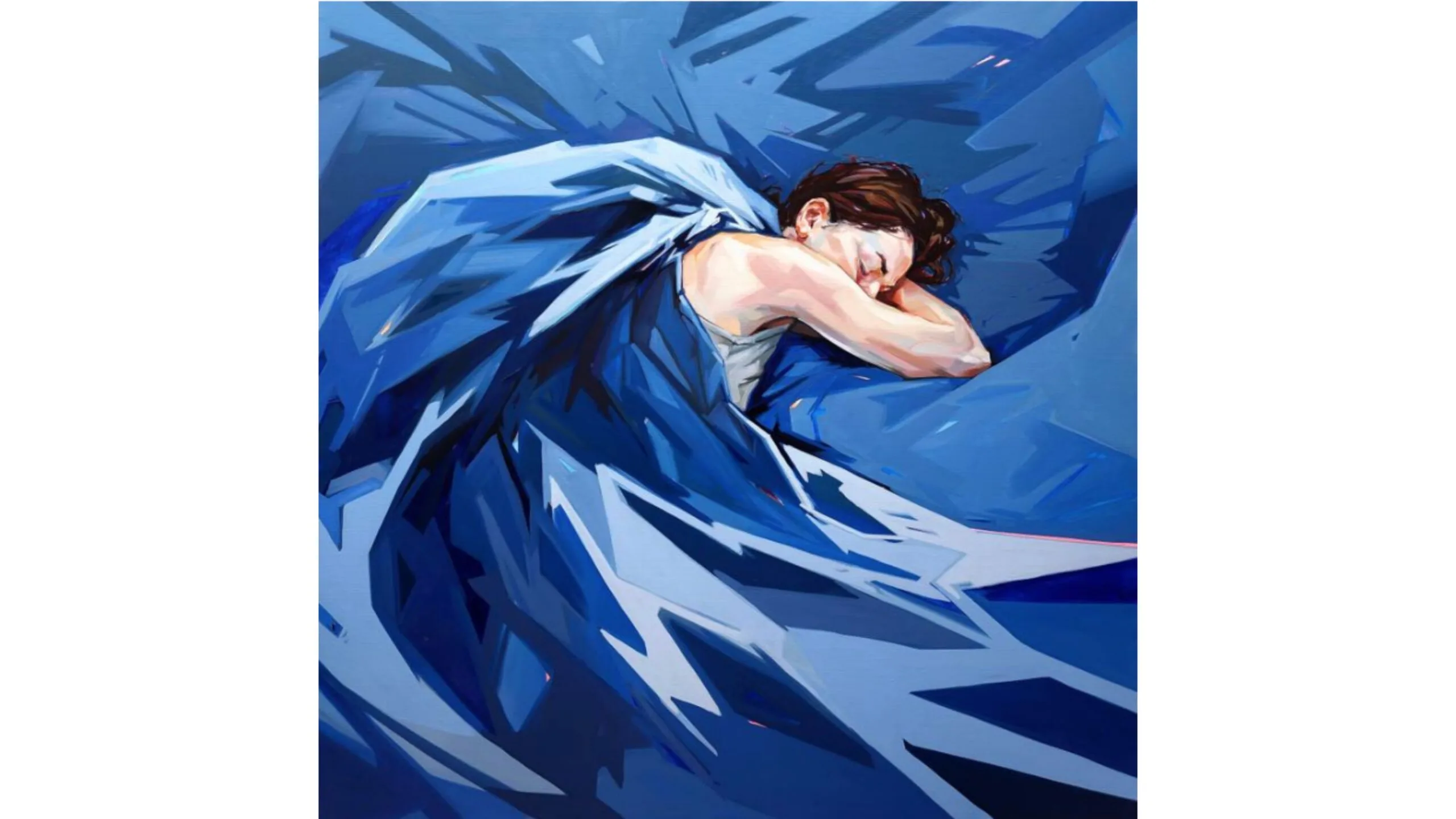 A painting of a figure in a blue bed.