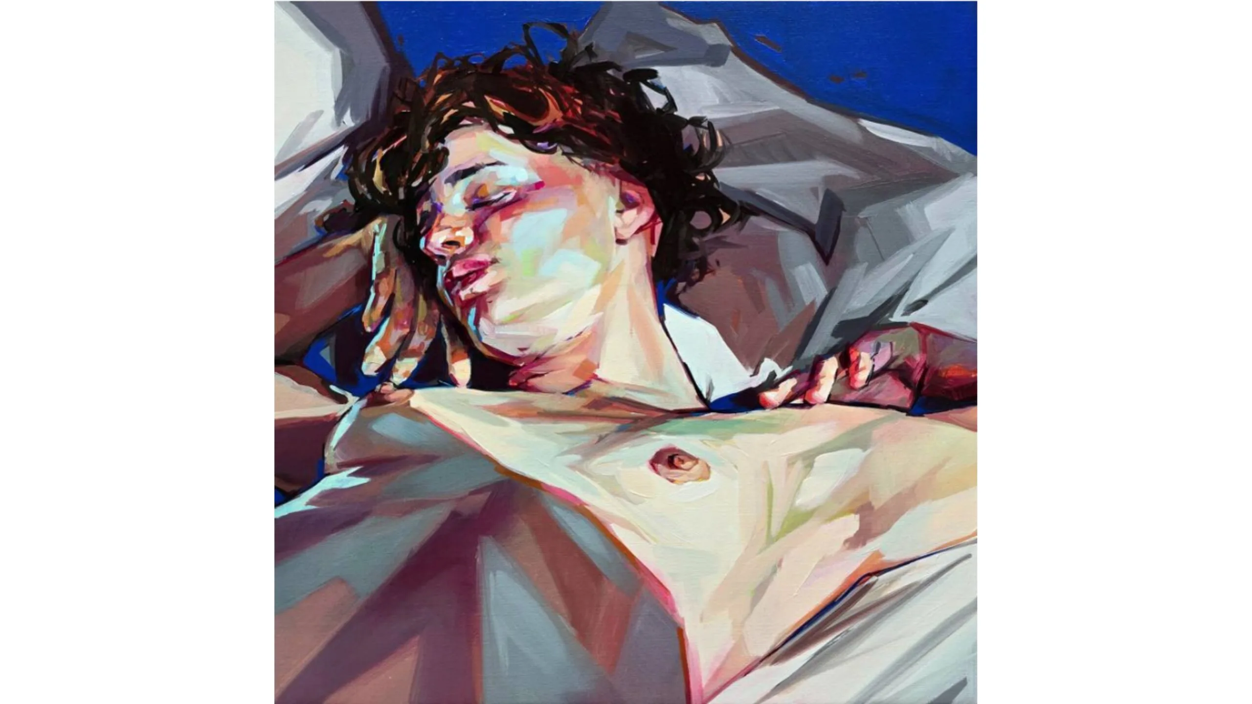 A painting of a figure in bed.