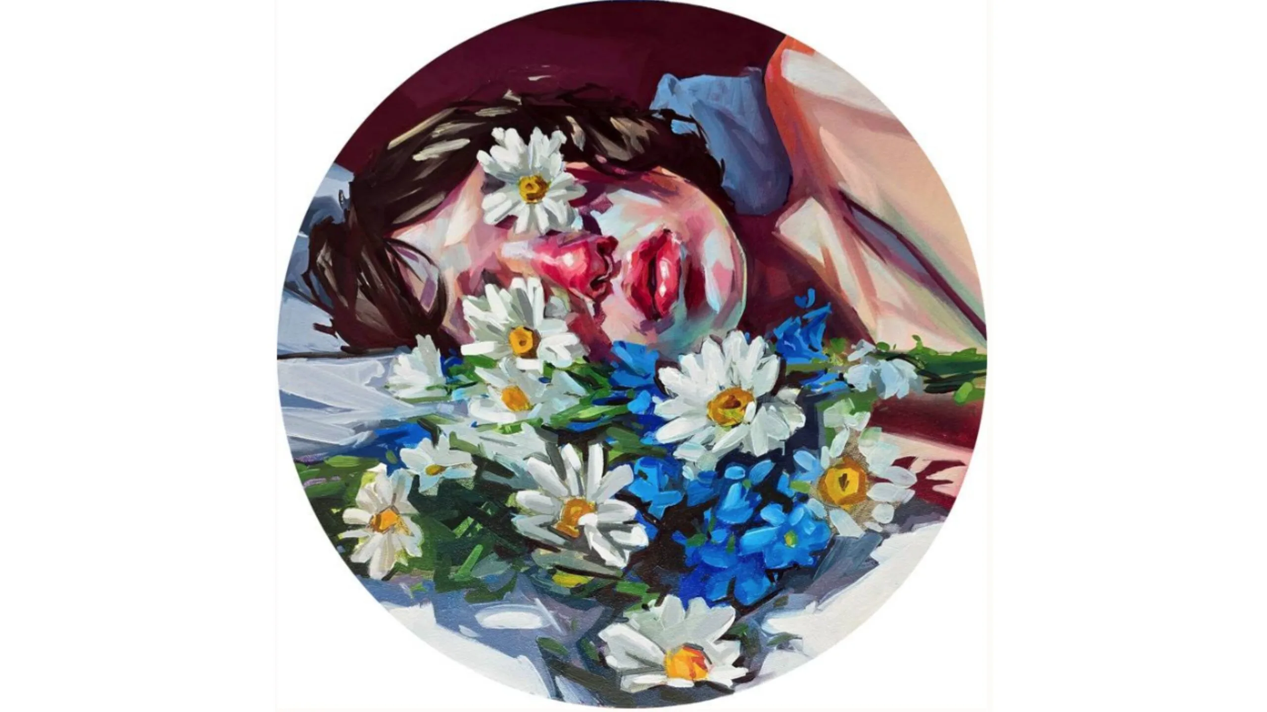 A painting of a person lying down, with white daisies over their face and bed.