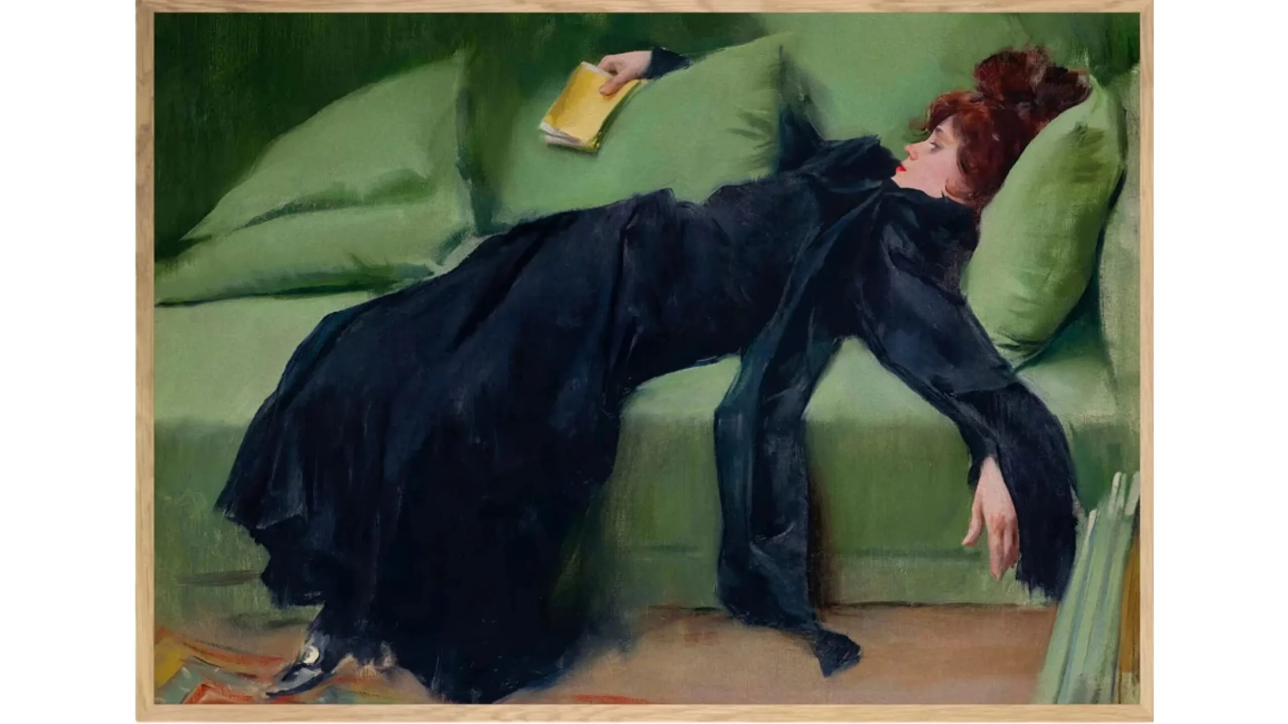 A painting of a woman draped across a green bed wearing a black dress.
