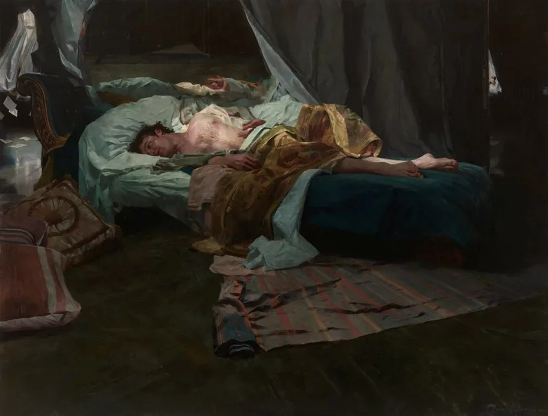 An oil on board painting with influences from classical literature and theatre, that depicts actor Jacob Collins in a dark room, laying on a bed as the title role in a production of Hamlet.