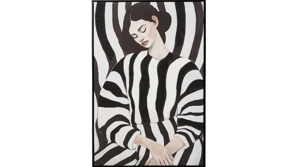 A portrait of a woman in a black and white striped dress. The stripes match the background of the painting.