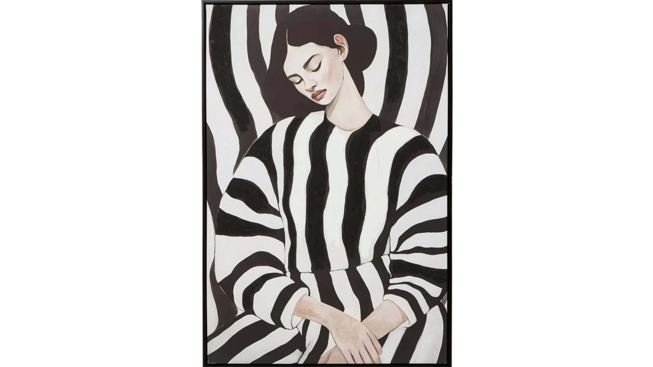 A portrait of a woman in a black and white striped dress. The stripes match the background of the painting.