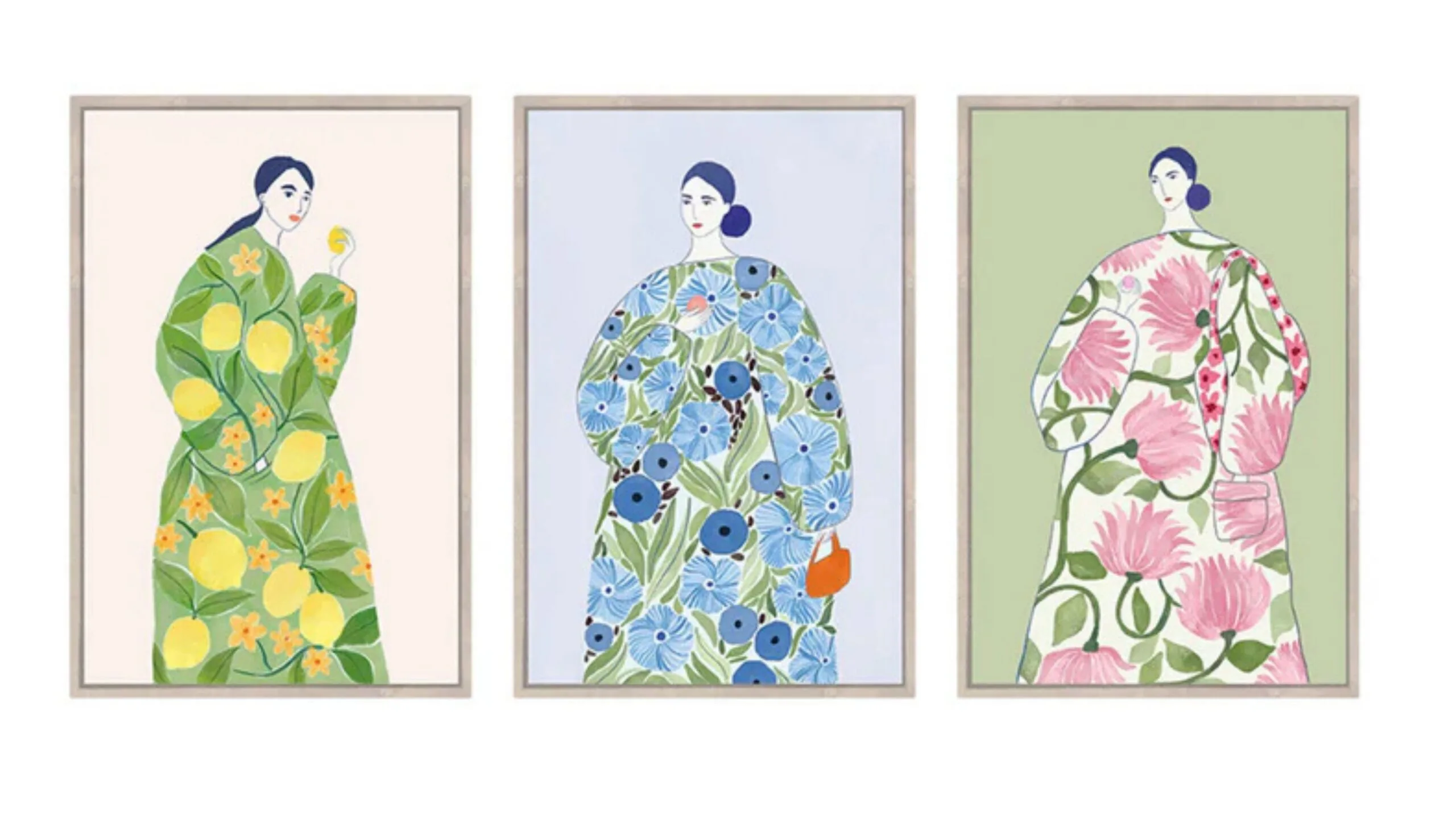 A series of three portraits of women in large dresses with patterns on them. The patterns are (left to right) lemons, blue flowers and pink flowers.